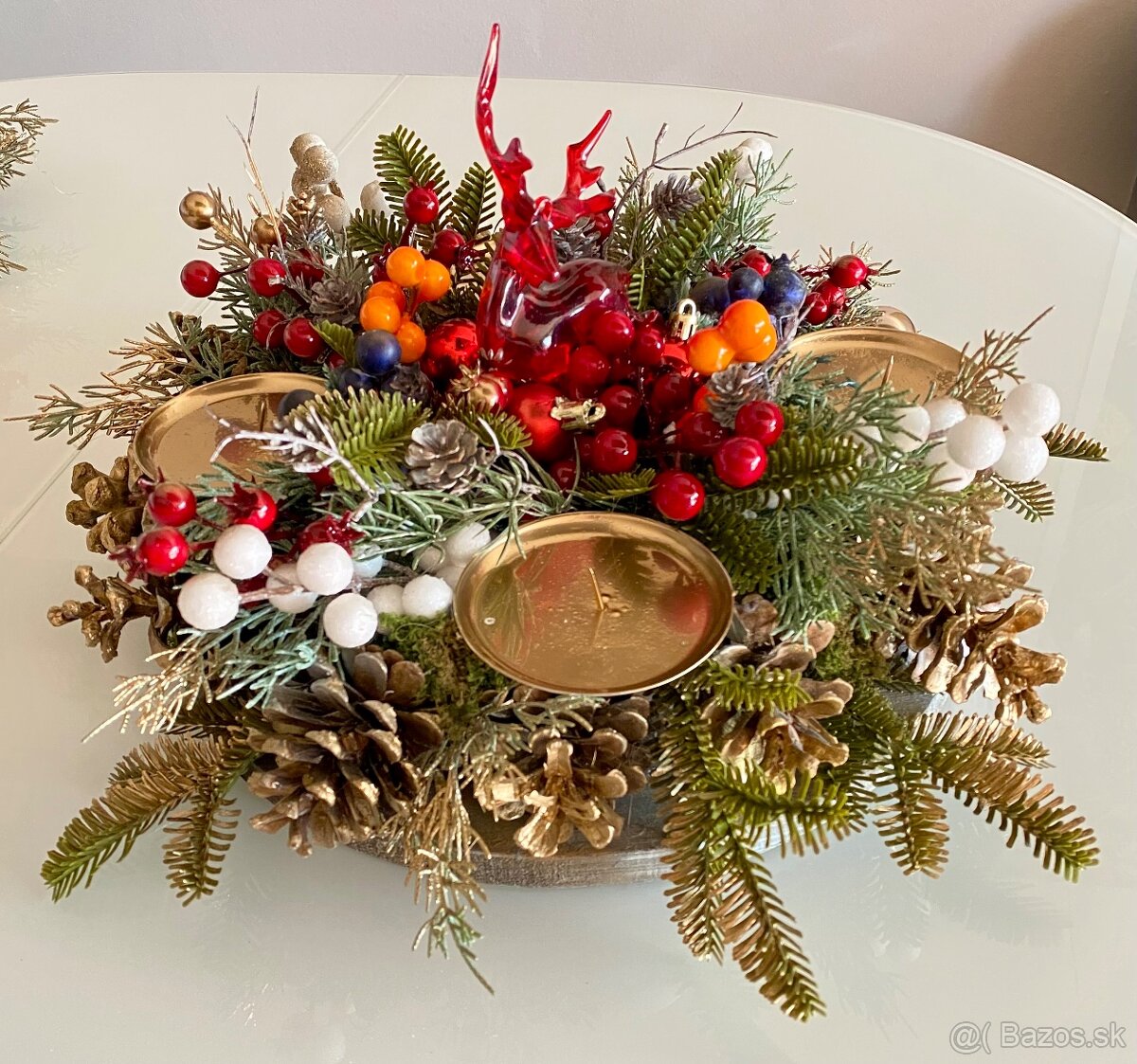 Adventný veniec L 38cm na stôl na drevenom podstavci pre 4 s - 4