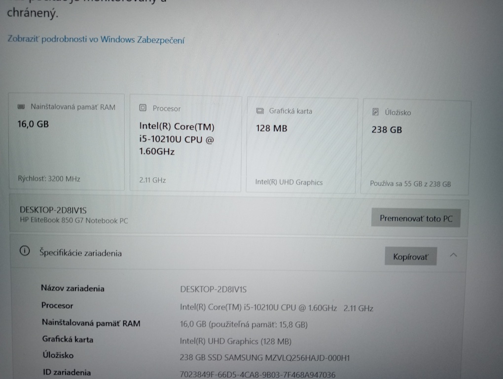 predám Hp elitebook 850 g7 , Intel i5,16gb ram ,256gb ssd - 4