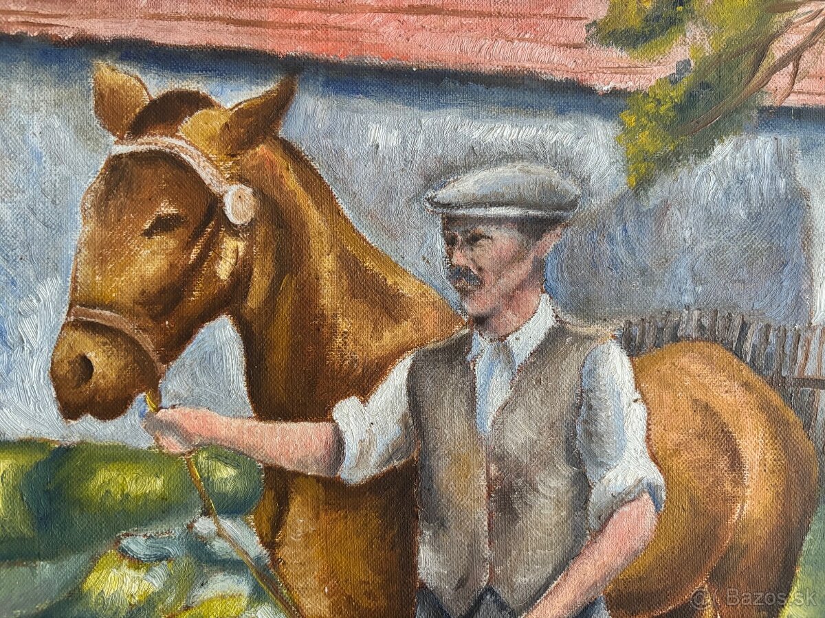 Starý obraz / Kůň a sedlák - D. Dařenová - olej 47x61 - 4