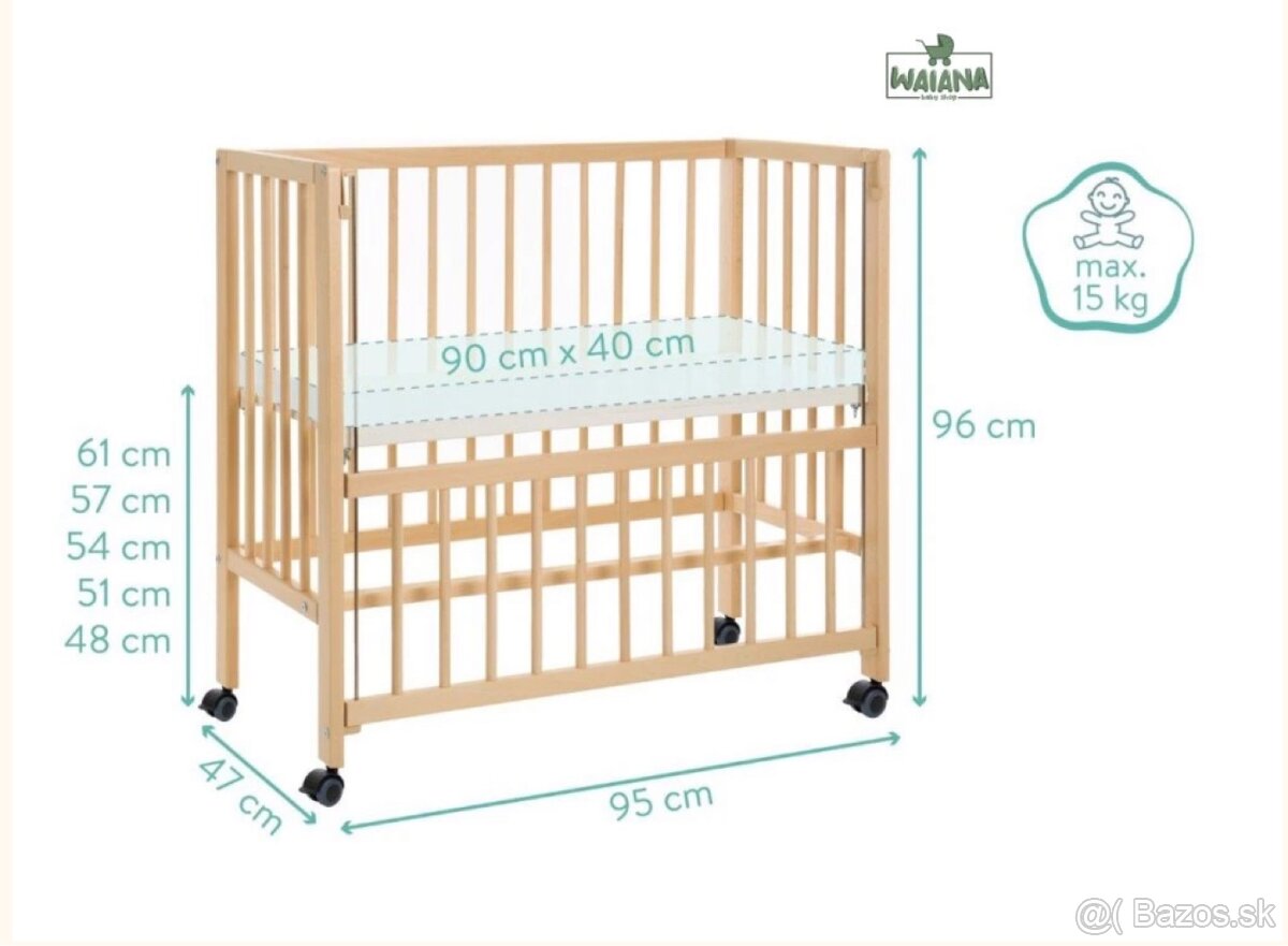 Drevená prístavná postieľka s kolieskami - 4