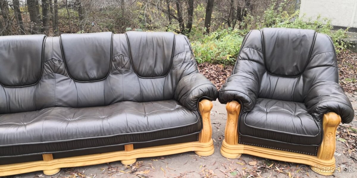 Kožená sedacia súprava 3+1+1 s masívnym dubivým drevom - 4