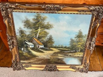 Starozitny malovany obraz v blondelovom rame / poskodeny / - 4