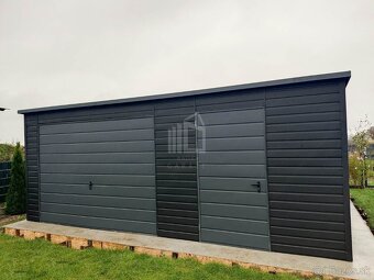Plechová garáž s prístreškom, imitácia dreva, výklopná brána - 4