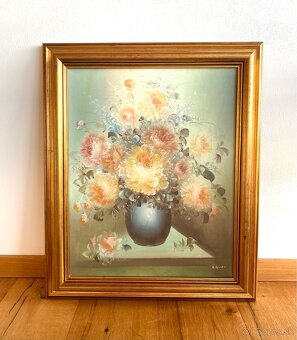 Starý obraz květin, olejomalba na plátně - 4