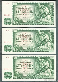 Sestava bankovky 100 kčs 1961 - 3 ks ČÍSLA PO SOBĚ, bezvadné - 4