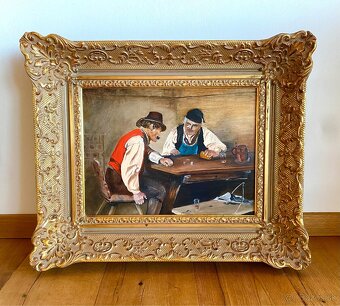 Starý obraz v krásném rámu, olejomalba na desce - 4