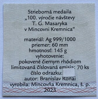 Strieborná medaila pokovená Ródiom - 100.výročie od návštevy - 4