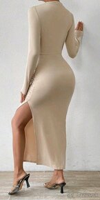 Béžové nude beige telové šaty s rozparkom na stehne - 4