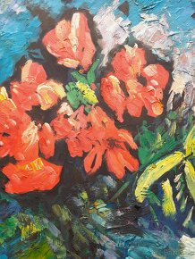 Obraz - zátišie - olejomaľba od P. Stuarta - červené kvety - 4
