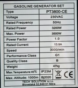 Elektrocentrála Tech Solution PT3800-CE – úplne nová, 3,5 kW - 4