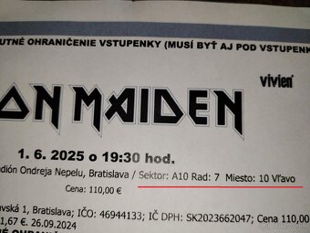 Iron Maiden 01.06.25 Bratislava - 2ks ( A10, 7 rad,sedenie) - 4