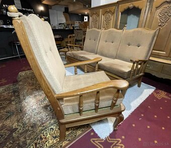 Vintage trojsed + 2ks kreslo, masiv, textilia, set - 4