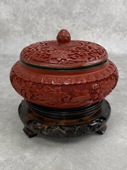 Čínska dóza s poklopom cinnabar s modrým emailom - 4