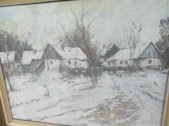 olejomalba , obraz- chalupky v zime. - 4