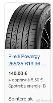 Predám letné pneu 4ks 255/35 R19 Pirelli Powergy - 4