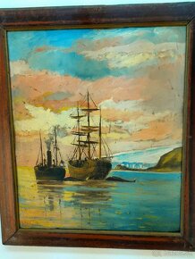 Starý obraz Lode na mori - olejomaľba - paintings ships - 4