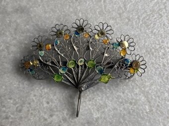 Strieborná brošňa , filigránový vejár s kvietkov - 4