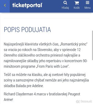 Predám 2 vstupenky na RICHARD CLAYDERMAN - FROM PARI - 4