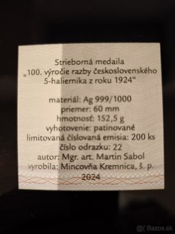 Strieborna medaila 100 vyrocie razby 5 hal 1924 - 4