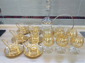 retro, tácka, zvončeky, šálky, karafa, brúsené poháre - 4