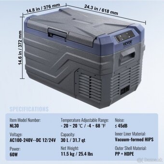 Kompresorová chladnička Vevor 30l 12V , 24V aj 230V - 4