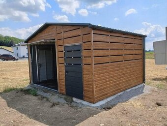 Plechová garáž 3×4 m + 2 m prístrešok – Zlatý dub / RAL 7016 - 4