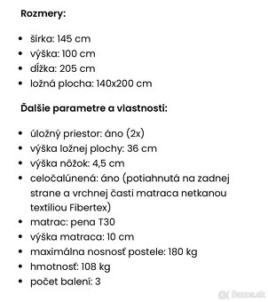 Manželská čalúnená posteľ 140x200 cm s úložným priestorom. - 4