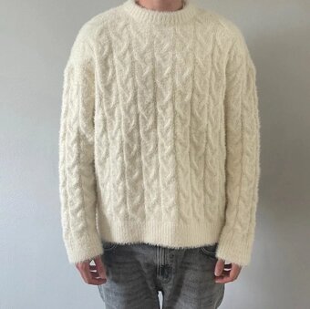 ZARA pánsky biely, krémový sveter s vrkočovým vzorom – veľko - 4