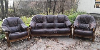 Kožená sedacia súprava 3+1+1 s masivnym drevom - 4