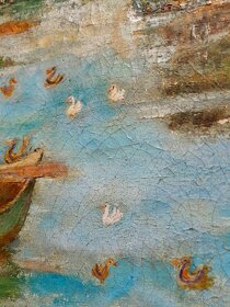 Stará olejomaľba - Jazero s kačičkami a loďkou. Starý obraz - 4