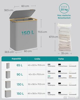 SONGMICS kôš na bielizeň 150 l – 3 priehradky, holubia sivá - 4