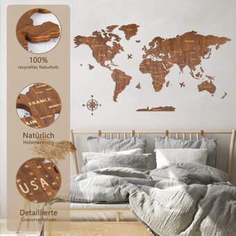 Drevená nástenná dekorácia s mapou sveta Creawoo, orech Drev - 4