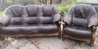 Kožená sedacia súprava 3+1+1 s masivnym drevom - 4