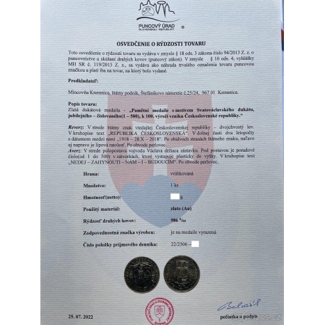 ZLATÝ ČÍSLOVANÝ JUBILEJNÍ SVATOVÁCLAVSKÝ DUKÁT 2018 - 500 ks - 5