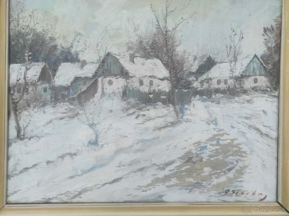 olejomalba , obraz- chalupky v zime. - 5