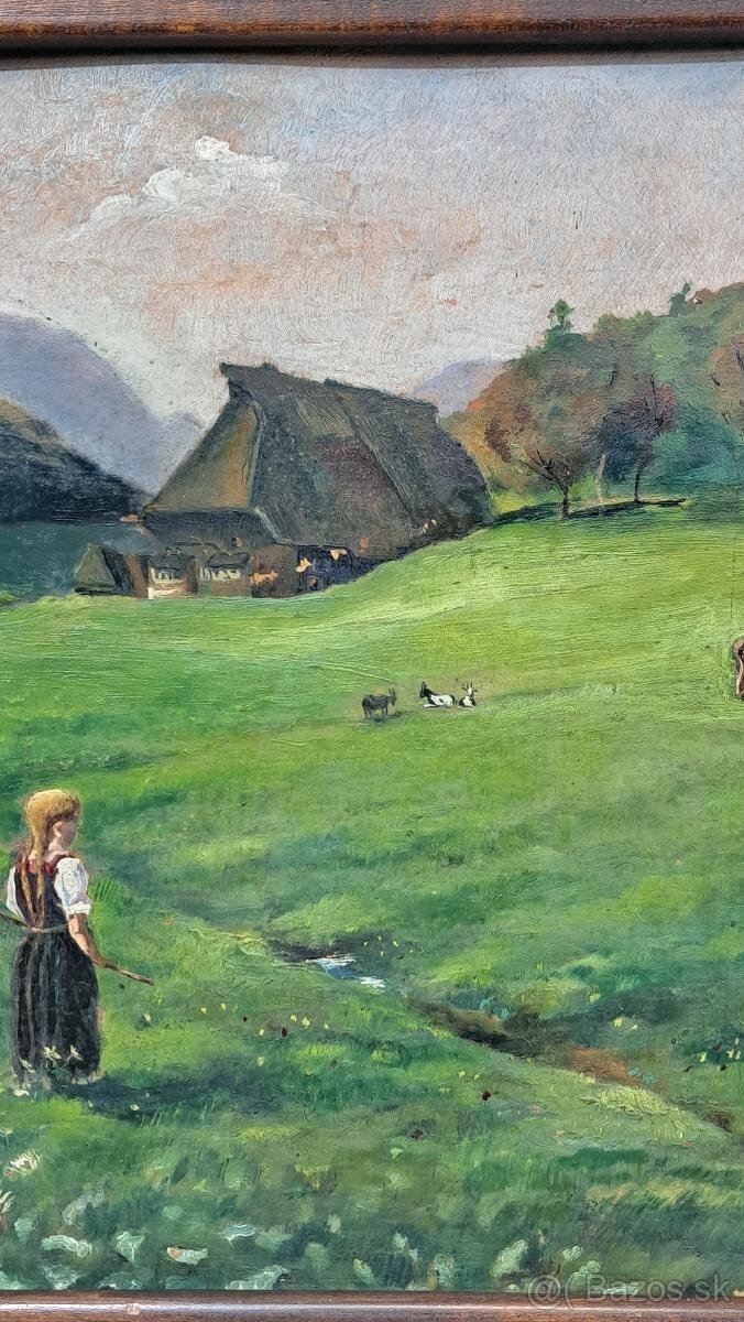 Starožitný obraz - Na pastve - olej - 5