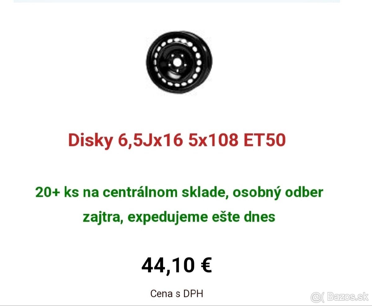 Predám oceľové disky 6,5J x 16 (5x108) - 5