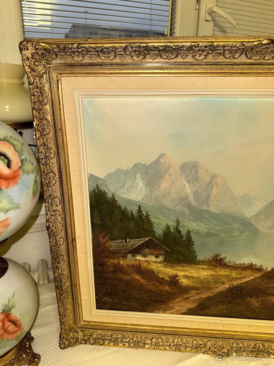 Stary signovany, malovany obraz krajinky na platne - 5