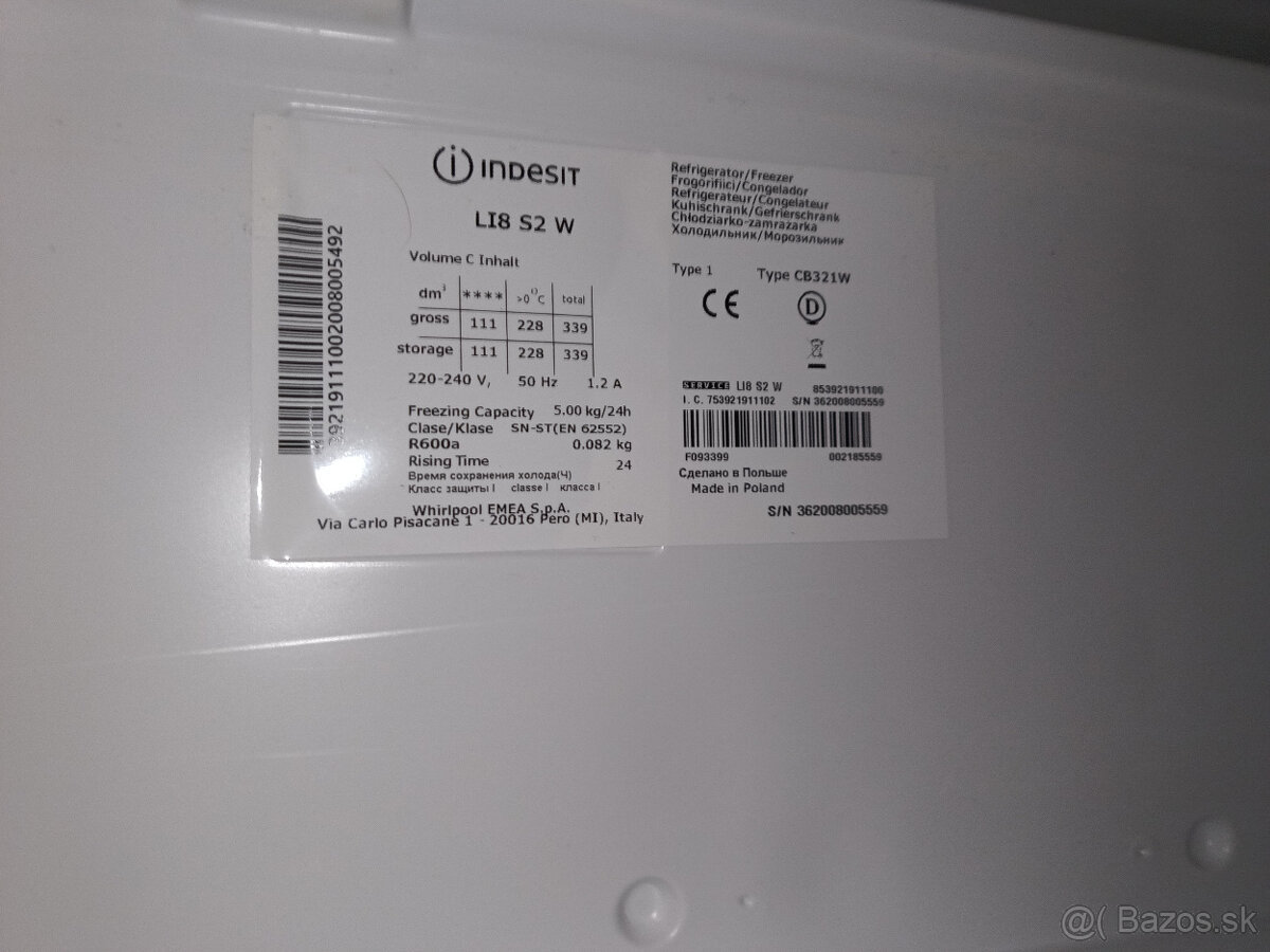 Predám chladničku s mrazničkou- Indesit LI8 S2 W - 5