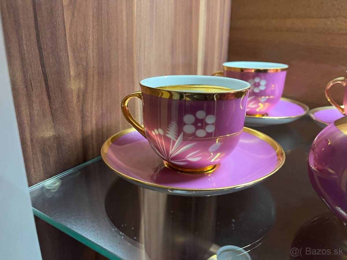 Nádherný fialový porcelánový kávový servis bohato pozlátený - 5