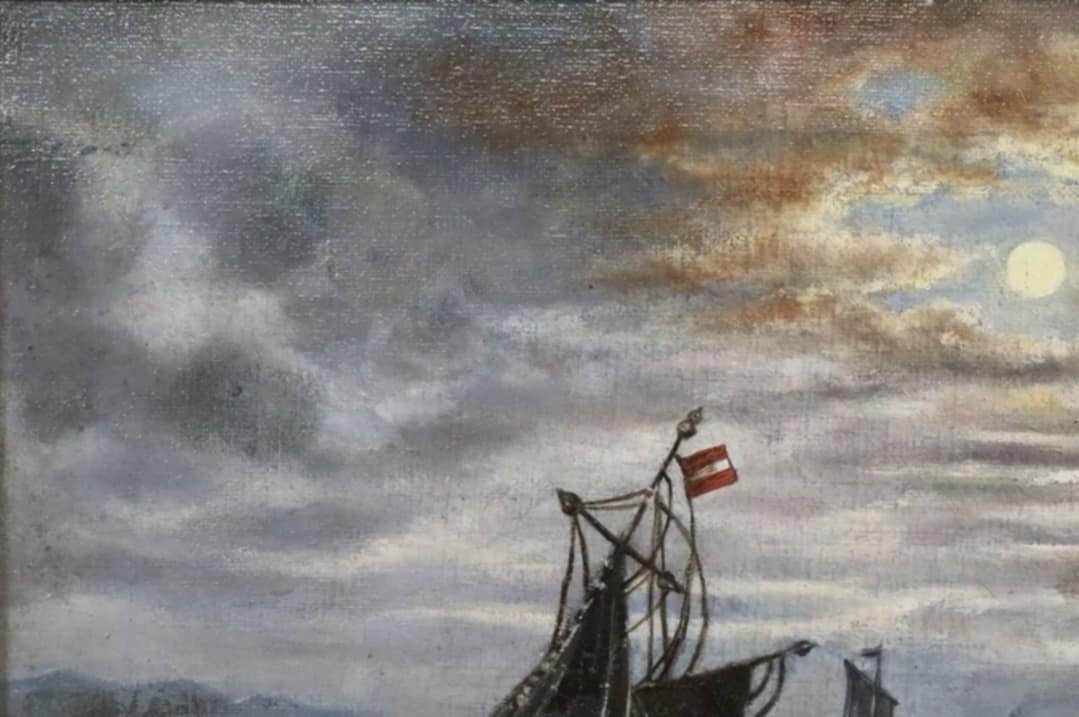 Predám starožitnú olejomalbu na plátne 50cm x 37cm ,,Prístav - 5