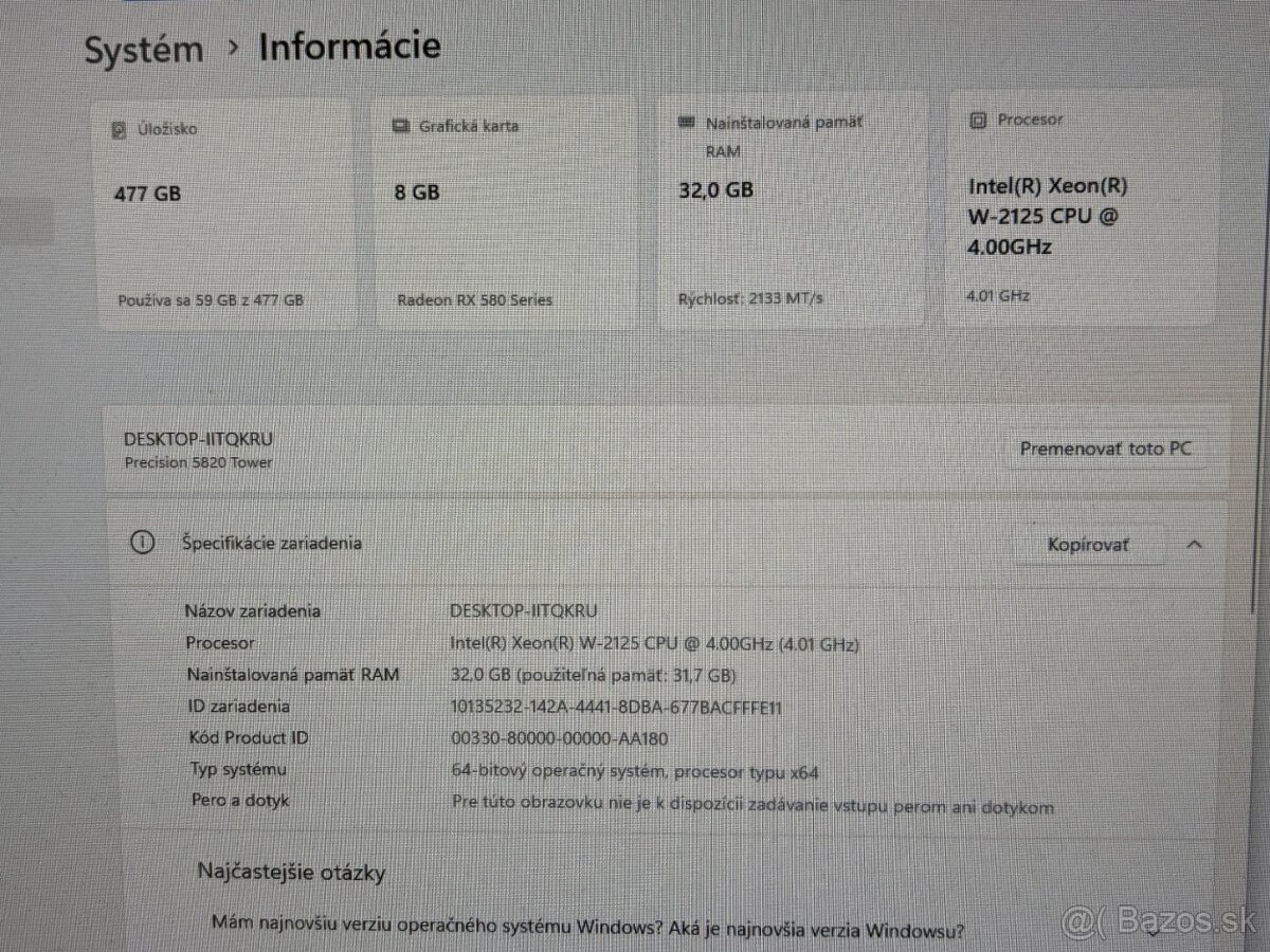 #122 Dell 5820/Xeon E2125/32GB DDR4/RX580 8GB/W11 - 5