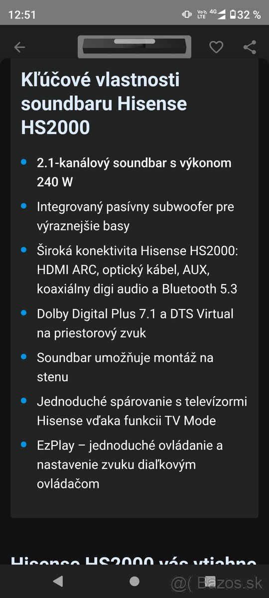 Predám nový soundbar Hisense HS2000 - 5
