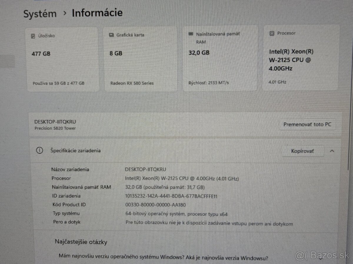 #122 Dell 5820/Xeon E2125/32GB DDR4/RX580 8GB/W11 - 5