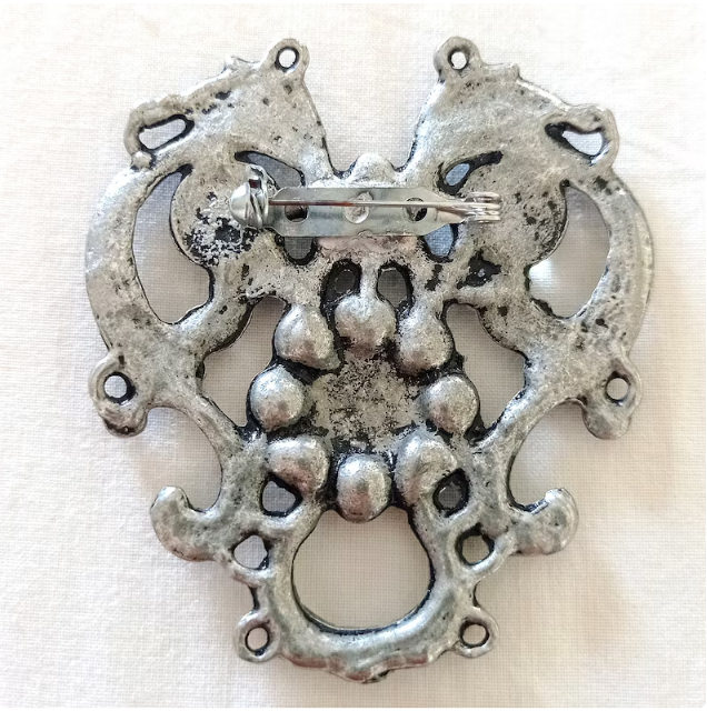 Veľká vintage gotická výrazná brošňa, starý strieborný kov - 5