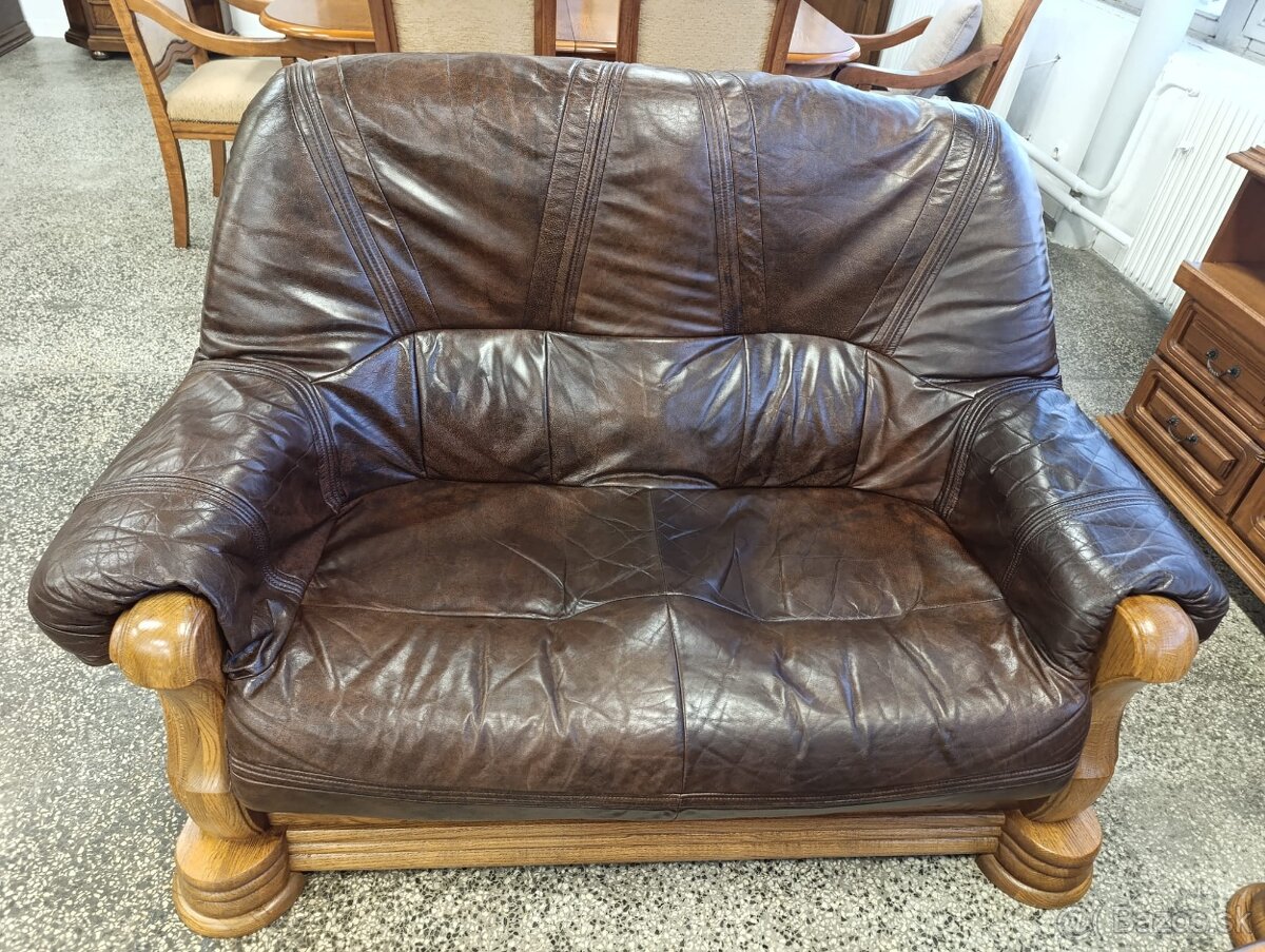 Rustikální kožená sedací souprava, 3+2+1, nábytek z masívu - 5