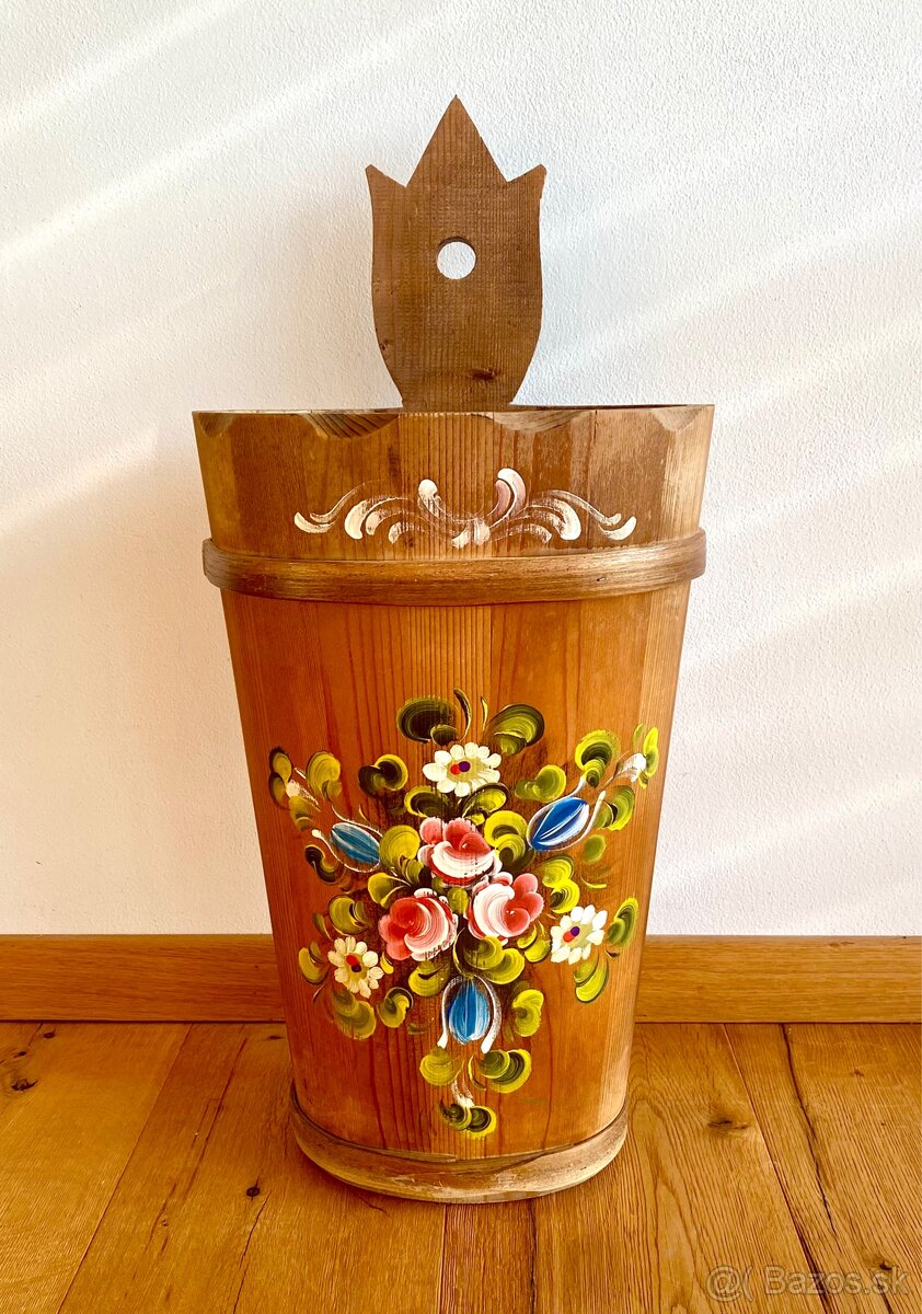 Staré krásné dřevěné malované vědro - 5