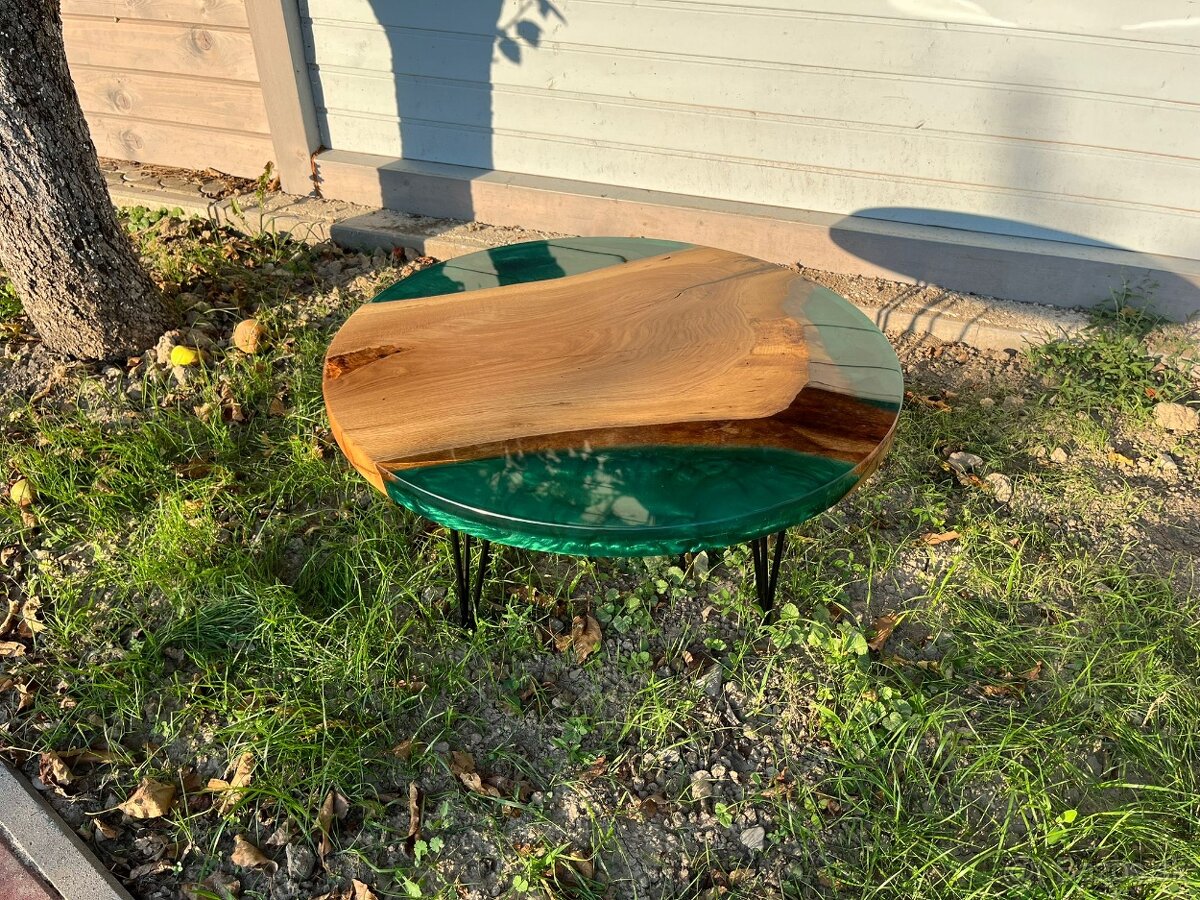 Originálny konferenčný stôl – dub & epoxid (Smaragdová zelen - 5