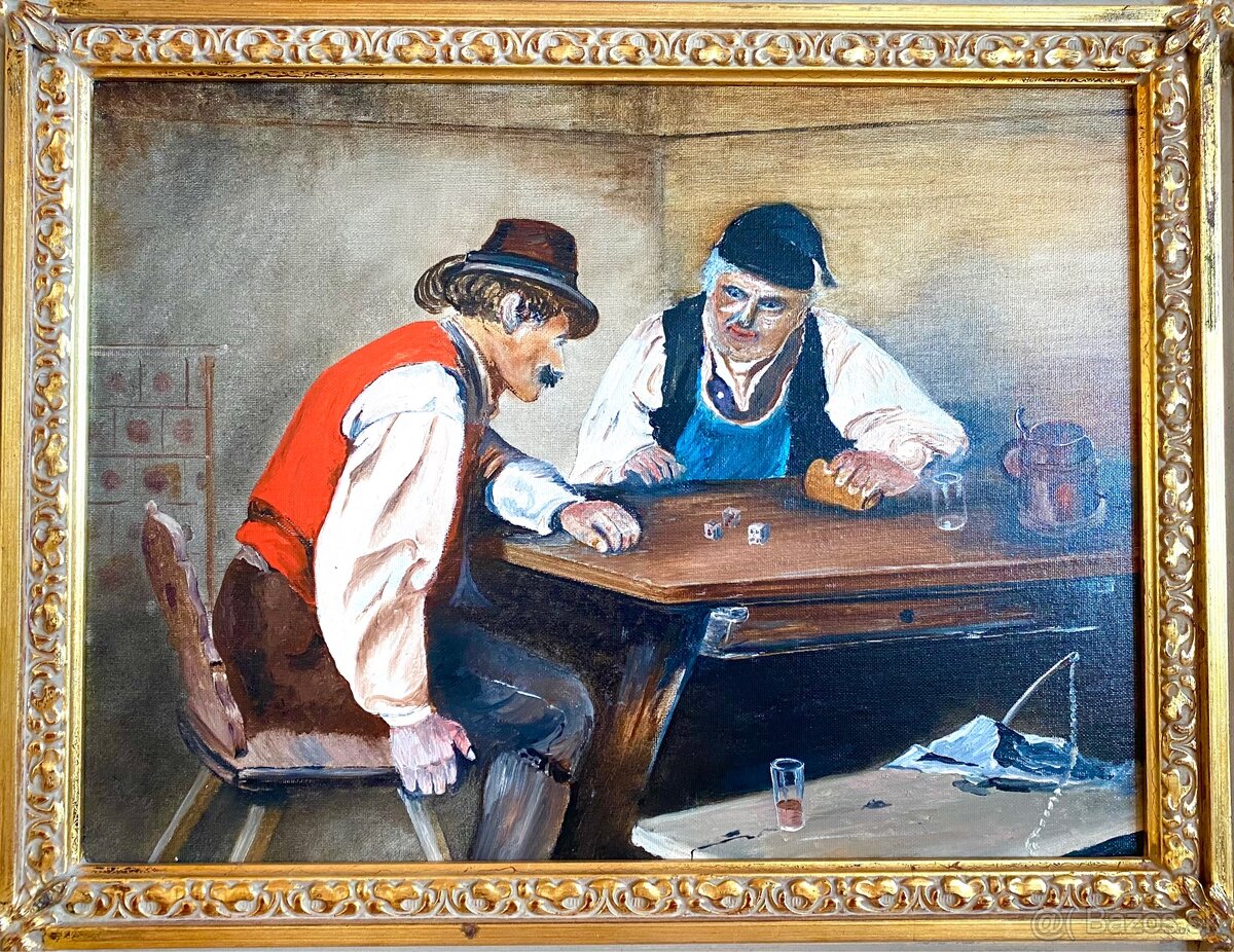 Starý obraz v krásném rámu, olejomalba na desce - 5