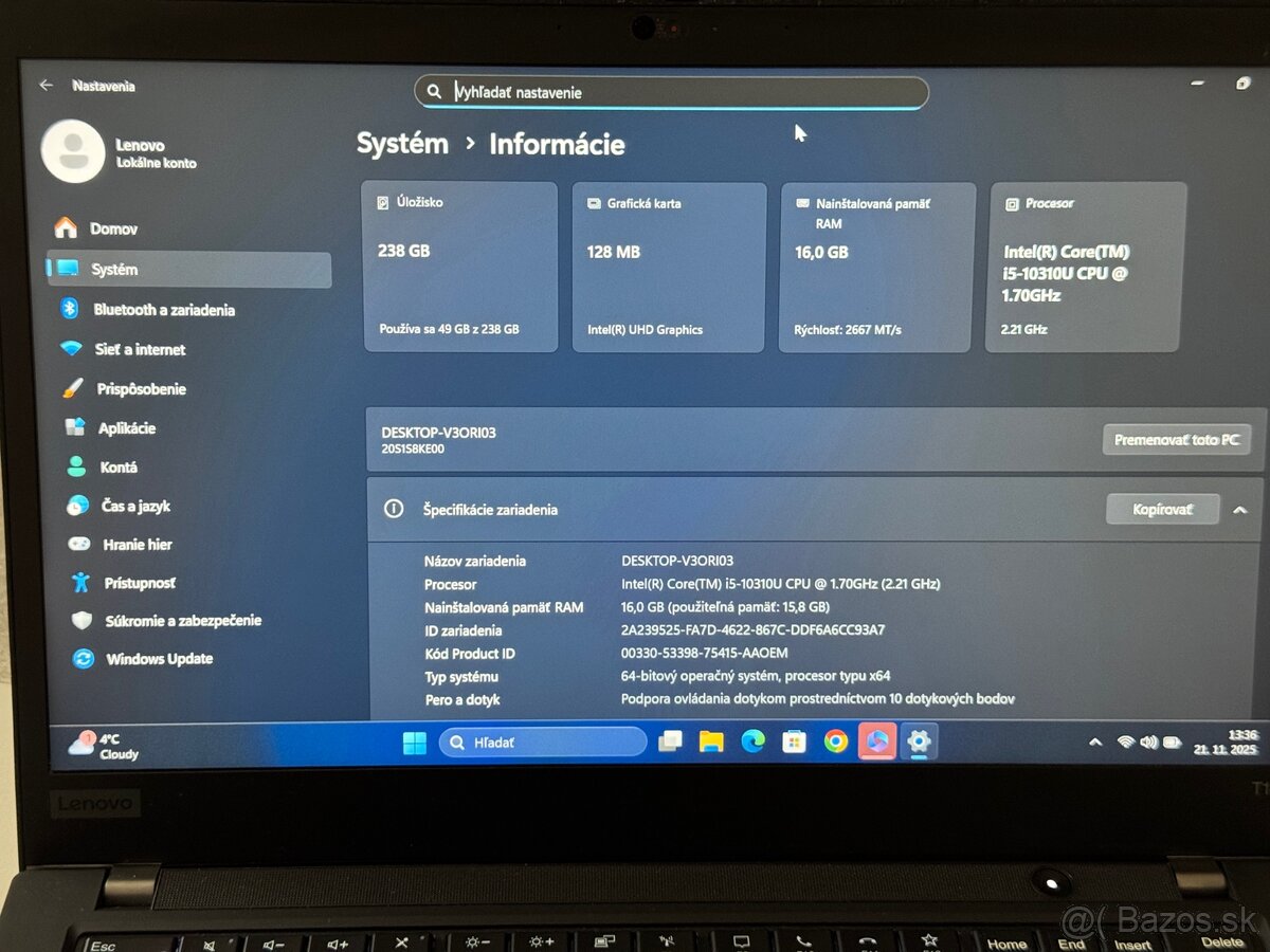 Dotykový Lenovo ThinkPad T14 Gen 1 – 16GB/256GB | i5 | - 5